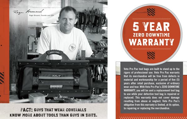 A Veto Pro Pac page carrying the founder and a zero downtime seal